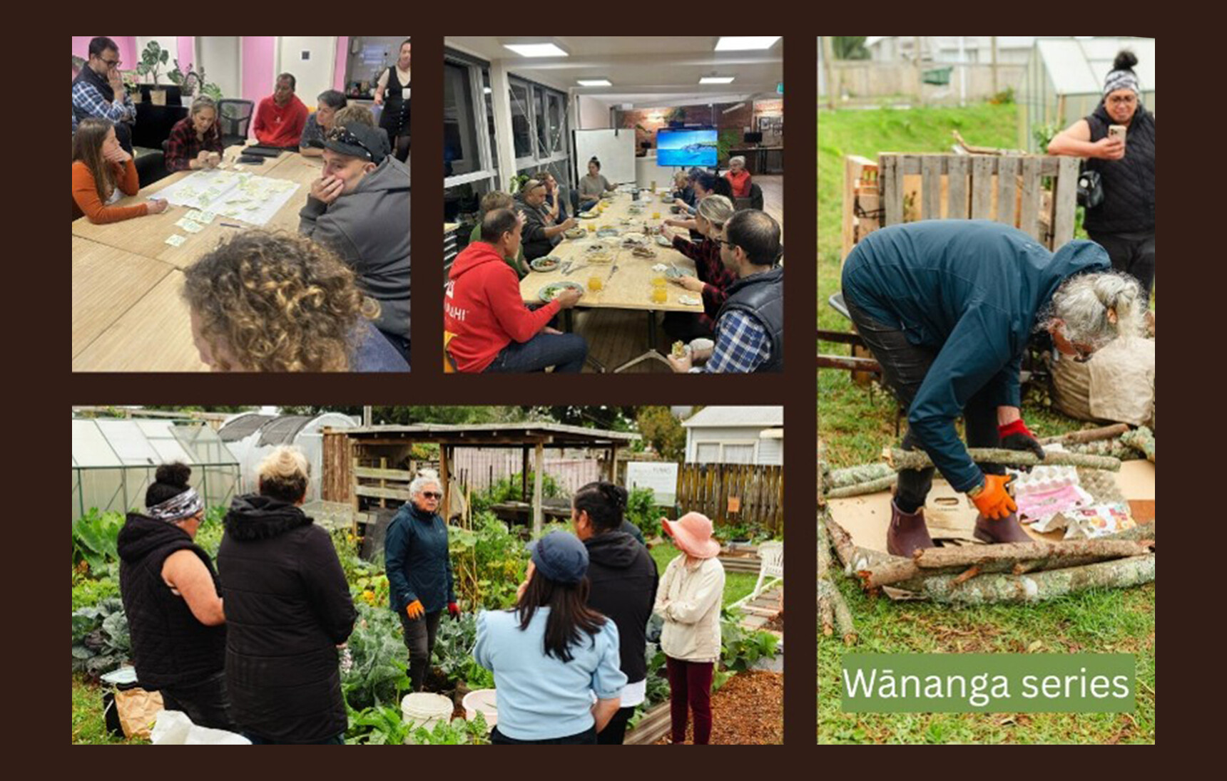 A collage of images from the Rākau Tautoko wānanga series, images show people of all ages working outside, talking around a garden bed, and gathered around a large table in discussion.