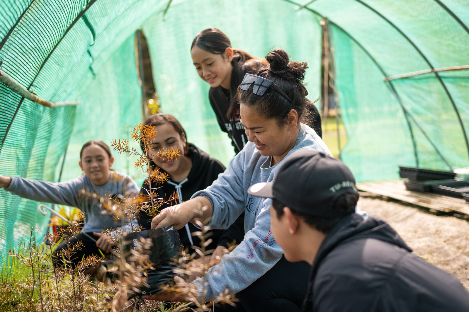 Inside a greenhouse, four young people gather around a smiling woman holding a sapling plant in front of her
