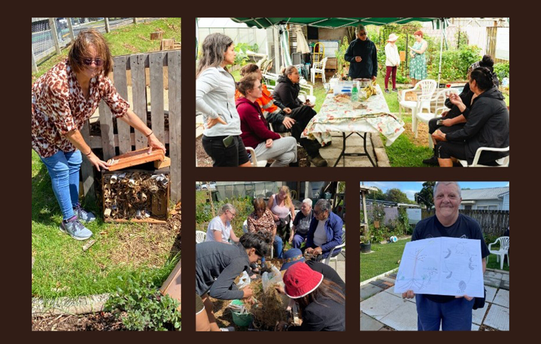 A collage of images from the Rākau Tautoko wānanga series, images show people of all ages working outside, talking around a garden bed, and gathered around a large table in discussion.
